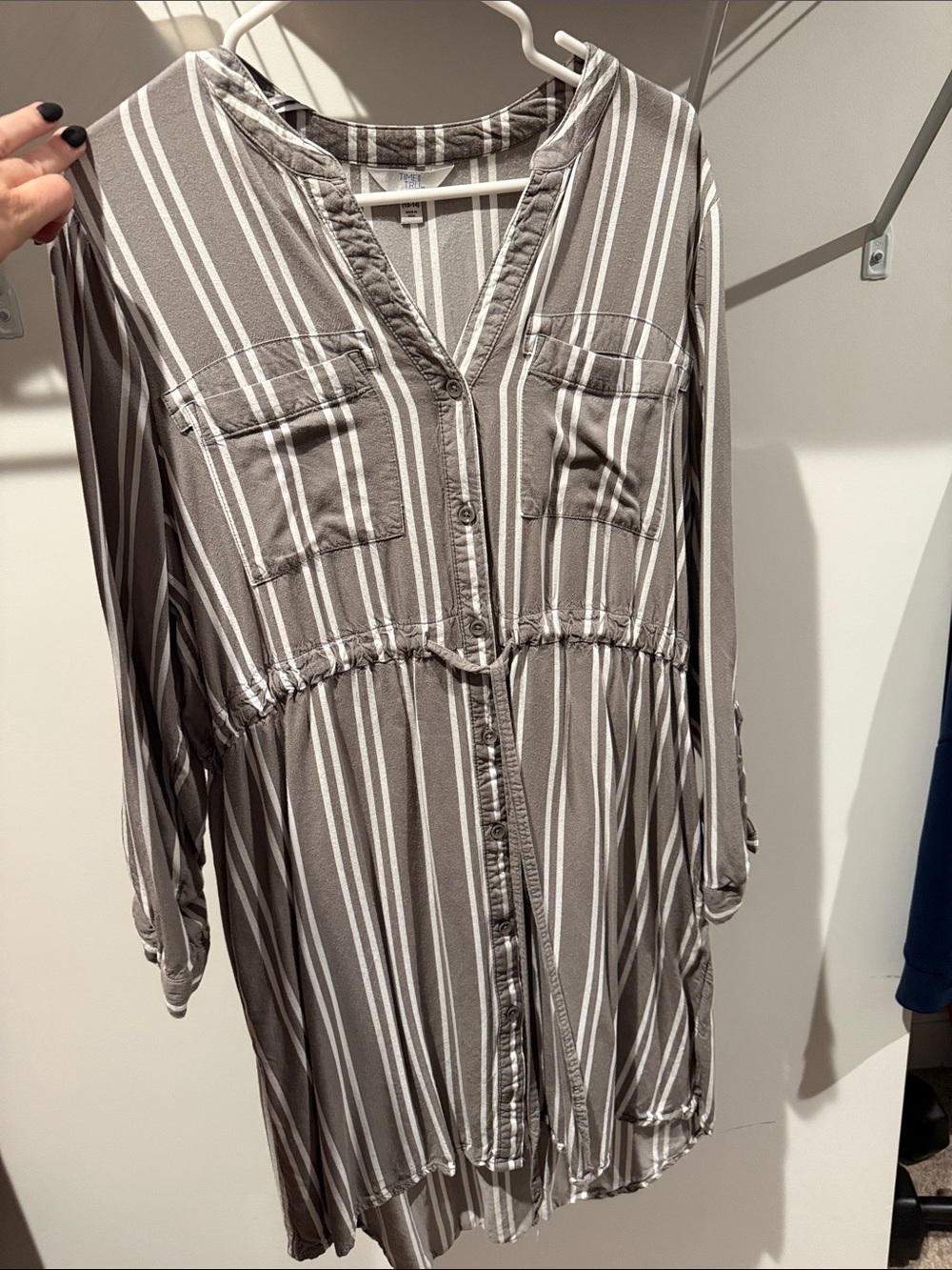 Time and Tru Gray and White Striped Button-Front Tunic dress